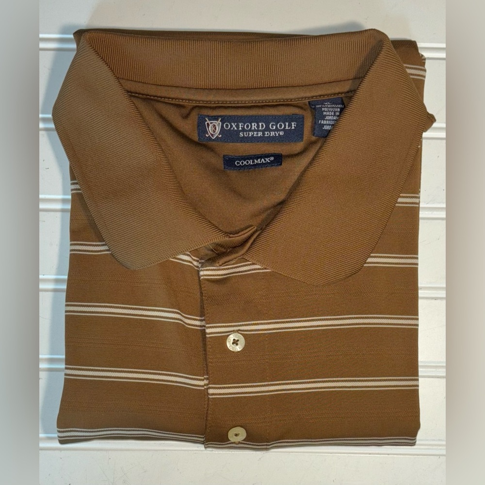 Oxford Golf Men's Sz XL 100% Polyester Brown Striped Shirt Length 31", Chest 25" - Picture 1 of 6